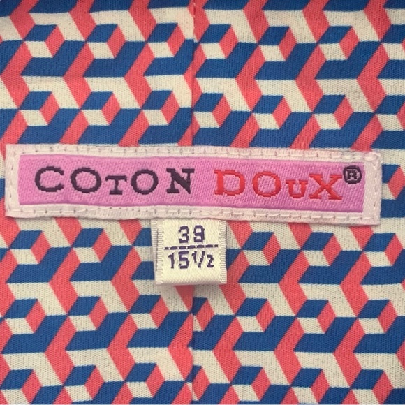 NWT COTON DOUX Paris Geo Print Button Front Shirt Cotton Poplin Pink Navy Blue - Picture 2 of 15